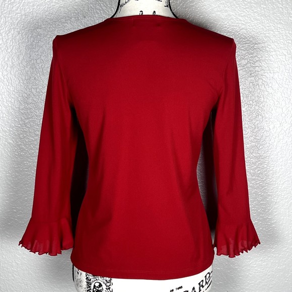 Style & Co Sz PS V-Neck Blouse Red 3/4 Sleeves Semi-Sheer Ruffles at Wrist - Picture 2 of 10
